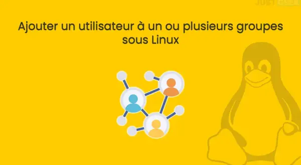 Ajouter un utilisateur à un groupe sudo sous Linux. Icône de réseau social et pingouin Linux sur fond jaune.