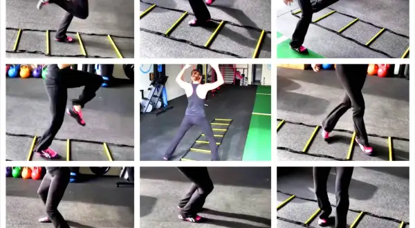 A person performs a speed ladder workout, showcasing agility drills and quick footwork on a yellow agility ladder.