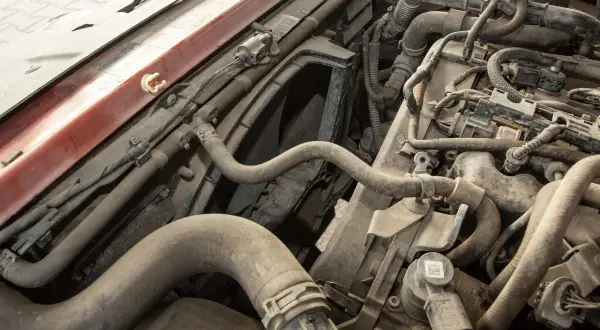 Wnętrze silnika samochodu, pełne przewodów i rurek. Widać fragmenty metalowe i plastikowe, a także kurz. W tle wentylator.