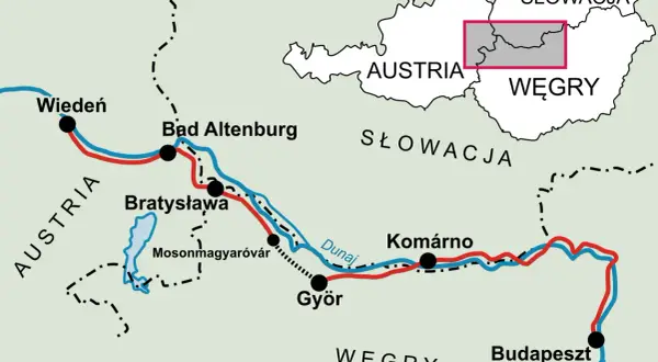 Mapa tras rowerowych i kolejowych wzdłuż Dunaju, od Wiednia przez Bratysławę i Győr do Budapesztu.