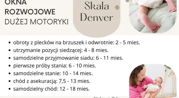 Skala Denver: skok rozwojowy 10 miesiąc to czas pierwszych prób stania. Obrazek pokazuje kamienie milowe dużej motoryki niemowląt.