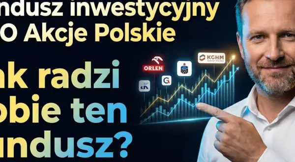 Mężczyzna wskazuje na wykres wzrostu akcji PKOBP i innych polskich spółek. Czy warto inwestować w ten fundusz?