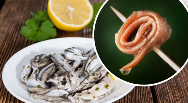 Rolowana ryba anchois na wykałaczce i talerz z marynowanymi rybkami, cytryną i natką pietruszki.