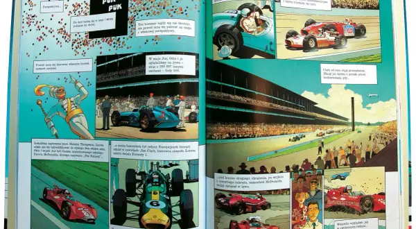 Komiksowe **książki o motoryzacji** przedstawiają wyścigi Indy 500, legendarnych kierowców i historyczne bolidy.