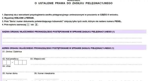 Wniosek o ustalenie prawa do zasiłku pielęgnacyjnego 2024. Formularz zawiera dane organu i adres wnioskodawcy.