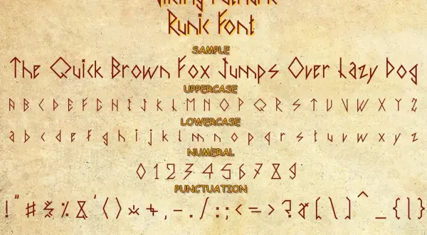 Viking Futhark rune font sample showing uppercase, lowercase, numerals, and punctuation in a stylized, ancient script.