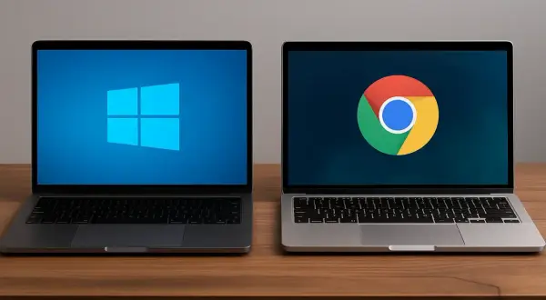 Dwa laptopy na drewnianym stole. Lewy z logo Windows, prawy z logo Chrome OS.