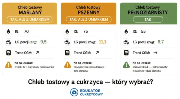 Chleb tostowy pełnoziarnisty ma najniższy IG (55) i najwięcej błonnika, co czyni go dobrym wyborem.