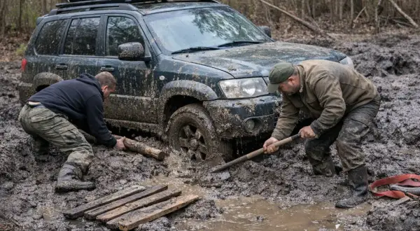 Dwóch mężczyzn próbuje wydostać zakopany w błocie samochód terenowy. Jeden kopie łopatą, drugi podkłada drewno. Oto jak wyjechać z błota.