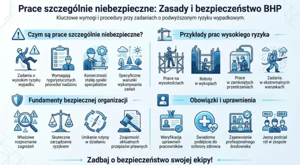 Wykaz prac szczególnie niebezpiecznych: zasady BHP, przykłady prac wysokiego ryzyka, fundamenty bezpiecznej organizacji, obowiązki i uprawnienia.