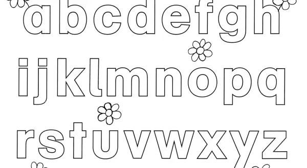 Kleine Buchstaben zum Ausmalen und buchstaben schreiben lernen zum ausdrucken. Das Alphabet von a bis z mit kleinen Blumen verziert.