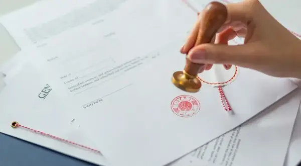 Dłoń z pieczęcią notarialną wykonuje własnoręczne poświadczenie za zgodność z oryginałem na dokumentach.