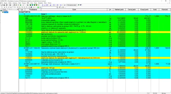 Przedmiar robót budowlanych: hale, spawanie stali, elektrody, materiały pomocnicze, spawarka elektryczna.