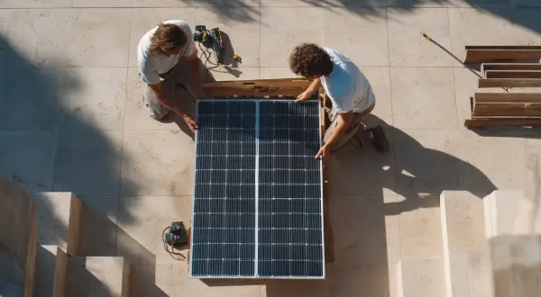Dos hombres instalan paneles solares. ¿Cuántas placas solares necesito para 3000w?