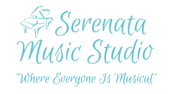 Stylizowany fortepian i napis "Serenata Music Studio". "Gdzie każdy jest muzykalny".