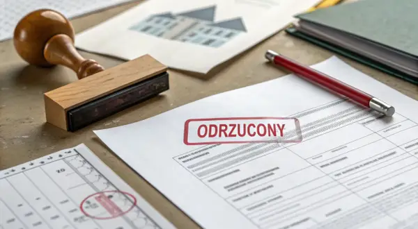 Dokument z pieczątką "ODRZUCONY" i pieczęcią, sugerujący zgłoszenie samowoli budowlanej.