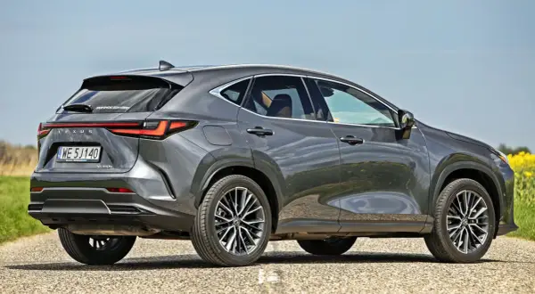 Szary Lexus NX 450h+ na drodze, obok pola rzepaku. Sprawdź aktualną lexus nx cena.