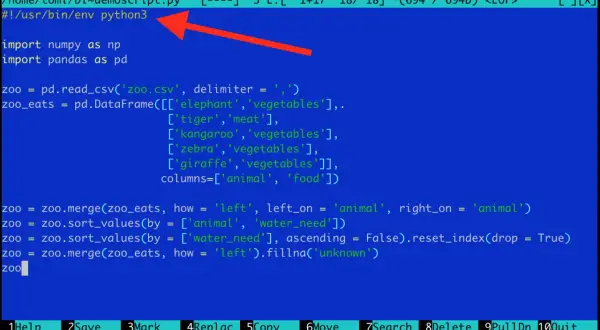 Le script Python commence par le shebang `#!/usr/bin/env python3`, suivi de l'importation de pandas pour manipuler des données de zoo.