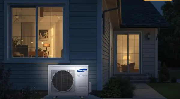 Unidad exterior de aerotermia Samsung, ideal para apagar aerotermia por la noche y ahorrar energía. Casa iluminada al anochecer.