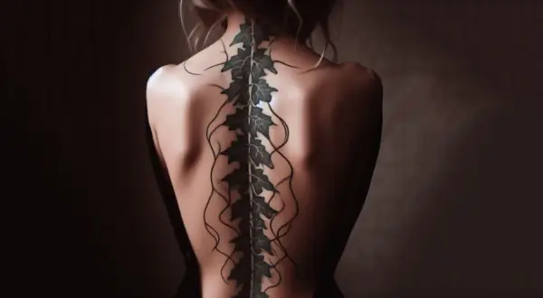 Tatuaje de enredadera con hojas en la columna vertebral de una mujer, evocando el significado elegante de los tatuajes de columna para mujer.