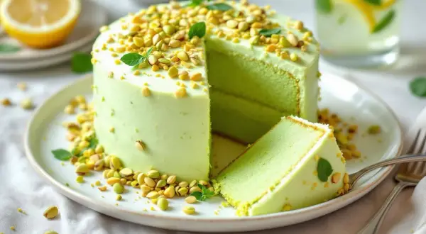 Un délicieux number cake pistache, recouvert de crème verte et de pistaches concassées, avec une part coupée.