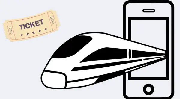 Szybki pociąg wyjeżdża z ekranu smartfona, symbolizując wygodną aplikację do kupowania biletów PKP. Obok leży papierowy bilet.