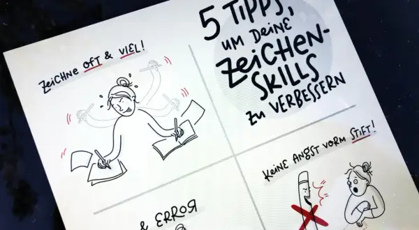 Zeichnungen mit vielen Armen, die schreiben, und ein Stift mit einem roten Kreuz.