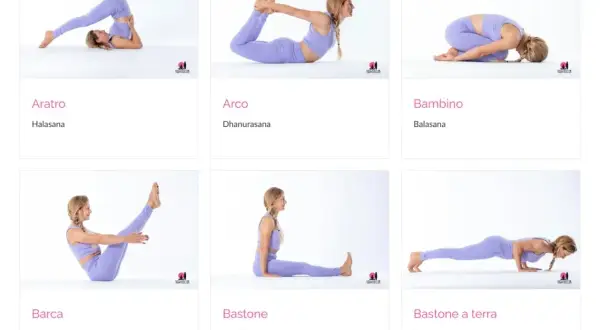 Donna in posizione supina esegue diverse posizioni yoga: Aratro, Arco, Bambino, Barca, Bastone e Bastone a terra.
