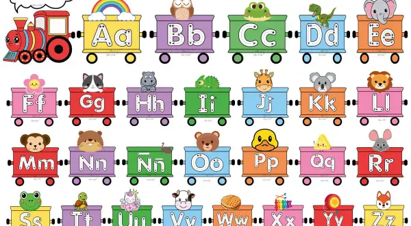 Un tren de vagones de colores muestra el abecedario mayúsculas con animales y objetos divertidos en cada uno.
