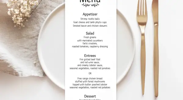 Menu weselne z daniami, talerzem i złotymi sztućcami.