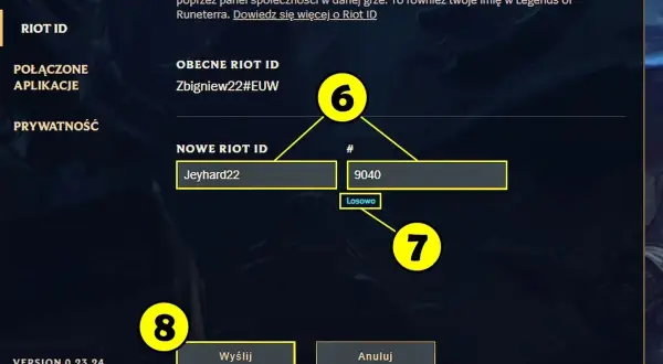 Ekran zmiany Riot ID w Valorant. Widzimy pole "NOWE RIOT ID" z wpisanym "Jeyhard22", gdzie można zmienić nick.