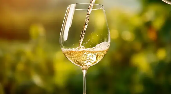 Versando un fresco bicchiere di Trebbiano d'Abruzzo in un vigneto al tramonto.