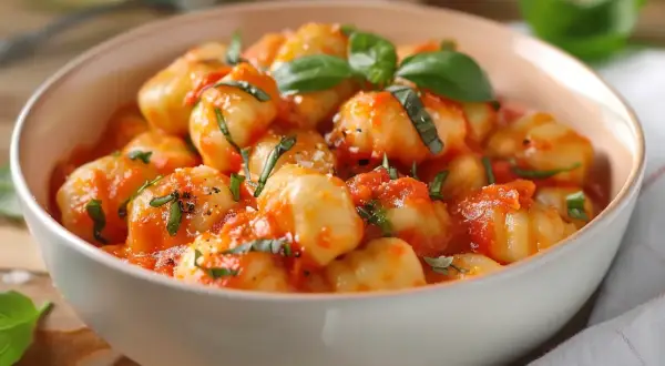 En skål med fluffig gnocchi i en smakrik tomatsås, toppad med färsk basilika. Enkel och god vardagsmat.