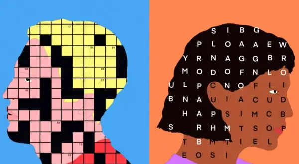 Twee profielen, één met een kruiswoordpuzzel in het gezicht, de ander met een woordzoekpuzzel. Hoe noem je iemand die altijd kritiek heeft?
