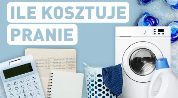 Ile wody zużywa pralka? Obok pralki leży kalkulator, notatnik i płyn do prania.