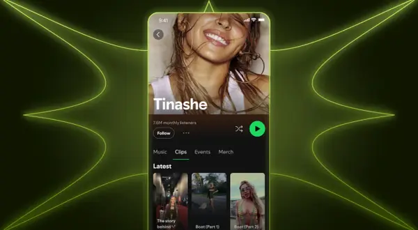 Tinashe's Spotify artist account shows her profile with 7.6M monthly listeners, featuring music, clips, events, and merch.
