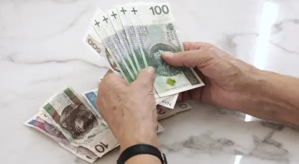 Dłonie liczą polskie banknoty. Zastanawiasz się, jaka emerytura z KRUS po 10 latach?