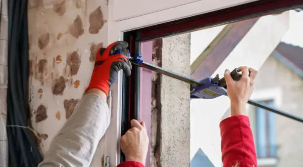 Pose d'une porte d'entrée sur dormant existant. Un ouvrier utilise un serre-joint pour ajuster le cadre.