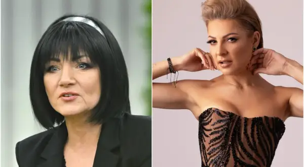 Dwie kobiety w stylizacjach scenicznych: jedna w czarnej marynarce, druga w błyszczącym gorsecie.