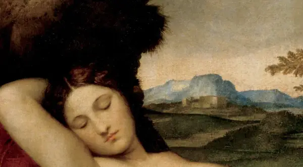 A sleeping Venus rests peacefully, her arm behind her head, amidst a serene landscape with distant mountains and a lone tree.