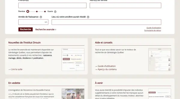 Interface de recherche généalogique avec champs pour prénom, nom, année et lieu de naissance. Une section "À venir" annonce une nouvelle fonctionnalité pour ad 79.