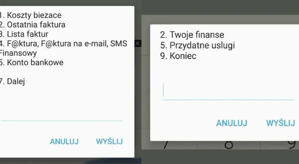 Menu T-Mobile na kartę: koszty, faktury, finanse, usługi. Wybierz opcję lub wpisz kod.