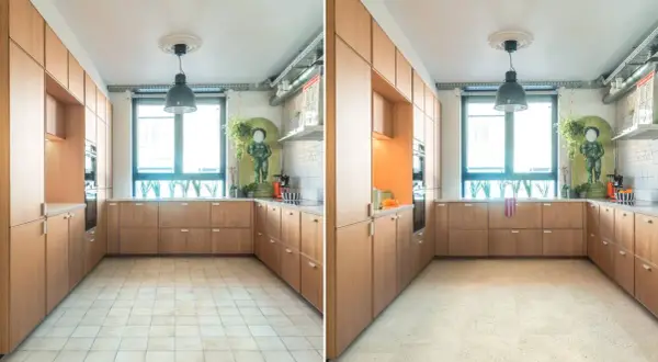 Cucina moderna con mobili in legno e un nuovo pavimento moderno, un esempio di come cambiare pavimento senza spostare mobili.