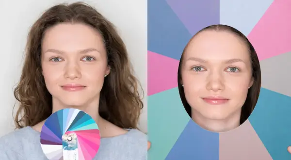Kobieta z kołem kolorów, które sugeruje jej typ urody "przygaszone lato". Po prawej jej twarz wyłania się z geometrycznego tła w pastelowych barwach.