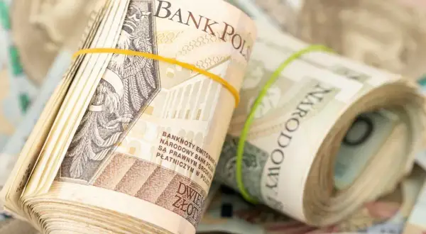 Zrolowane banknoty dwuzłotowe, spięte gumkami. W tle widać kolejne banknoty.