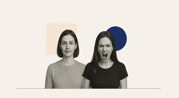 Dwie kobiety, jedna spokojna, druga krzycząca. Obraz symbolizuje zmienne nastroje i objawy zaburzeń osobowości.