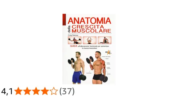 Copertina libro "Anatomia della Crescita Muscolare" con immagini di uomini che eseguono esercizi per aumentare massa muscolare.
