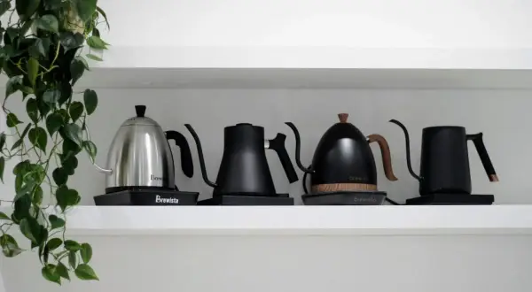 Fyra vattenkokare, en i metall och tre i svart, står på en hylla. En grön växt hänger ner från vänster. Perfekt för att koka te vatten.