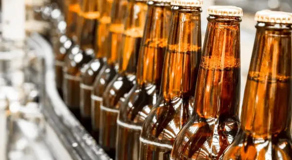 Szklane butelki piwa bezalkoholowego na linii produkcyjnej. Czy piwo bezalkoholowe jest zdrowe? To pytanie nurtuje wielu konsumentów.