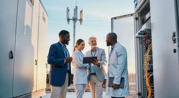 Ingenieros revisan equipo de telecomunicaciones, como si estuvieran a punto de cortar lazos energéticos entre dos personas.